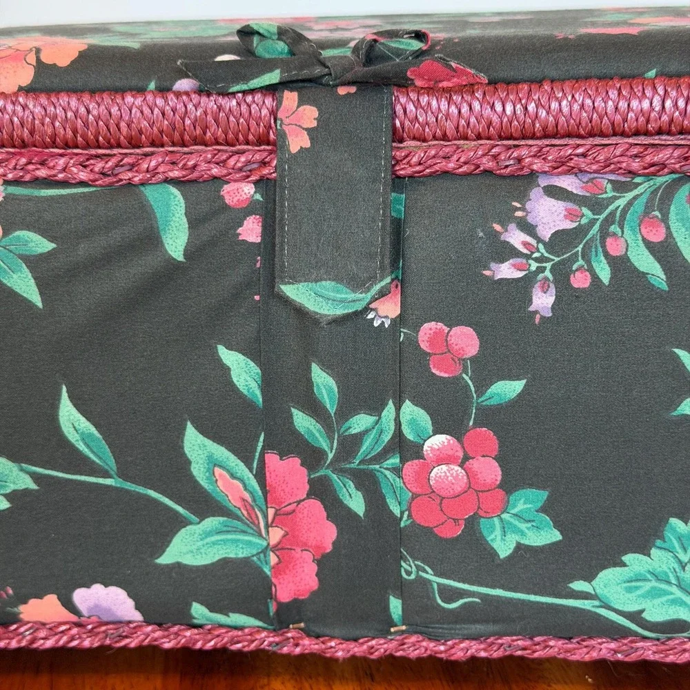 Vtg Sewing Basket Box Padded Fabric with Handle